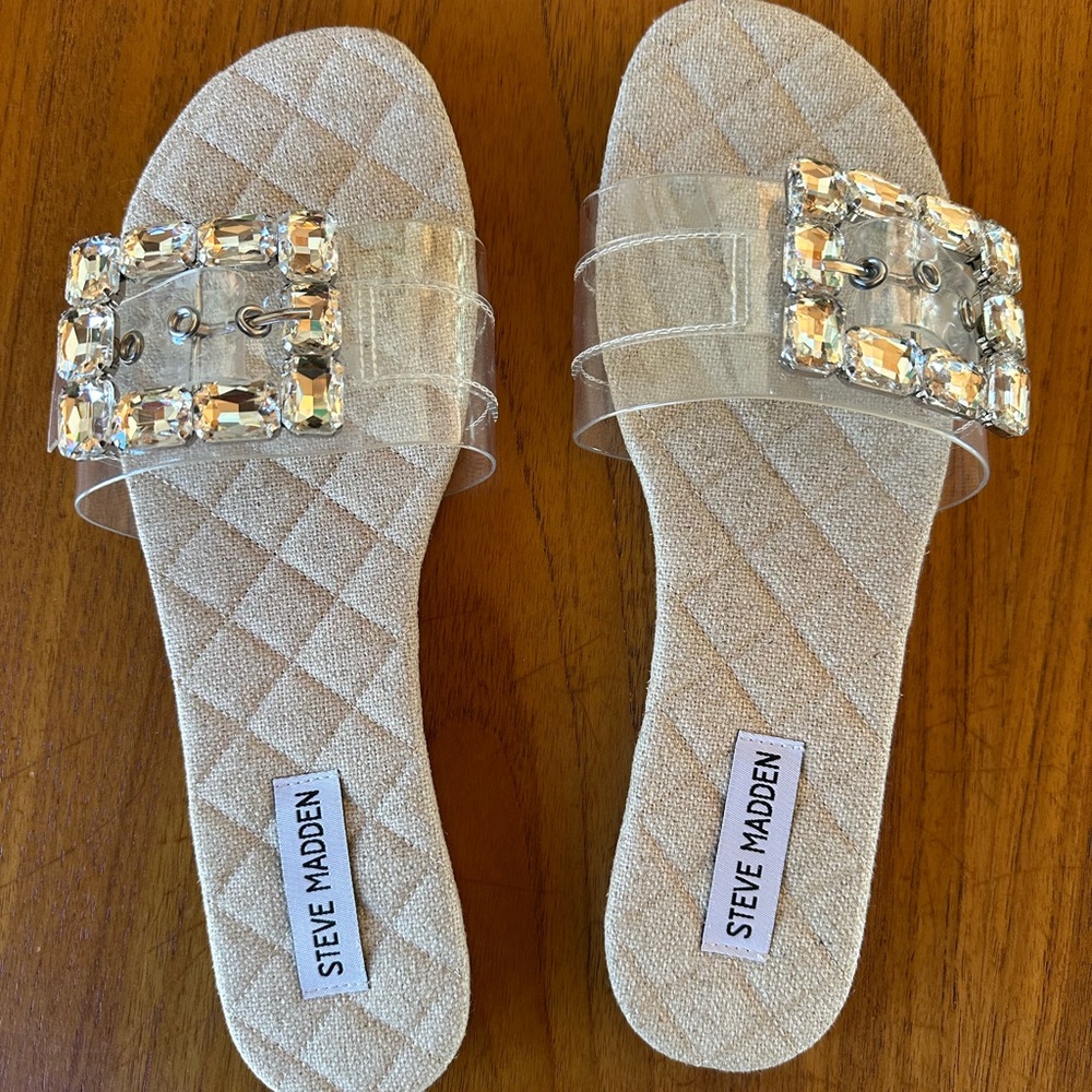 Steve Madden Tan Sandals with Gem Buckle